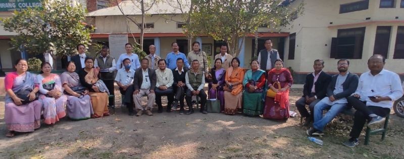 Teachers of government colleges continuing their strike at their college campus in Imphal on February 27. (NNN Photo)